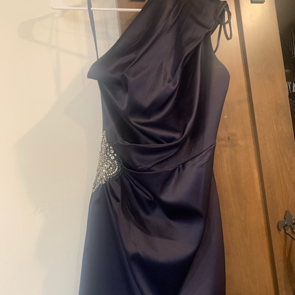 ELIZA J | One Shoulder Beaded Detail Satin Ruched Navy blue Dress Womens Size 12